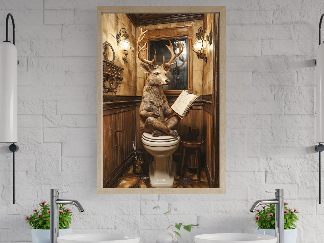 Stag Deer Reading a Book While Sitting on a Vintage Toilet Poster