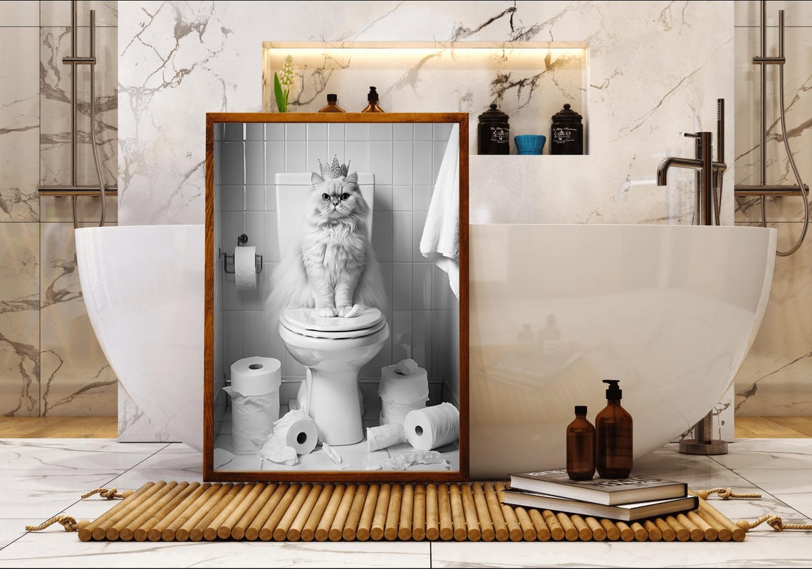 Fluffy White Persian Cat Wearing A Crown Sitting On A Toilet Poster - Image 5