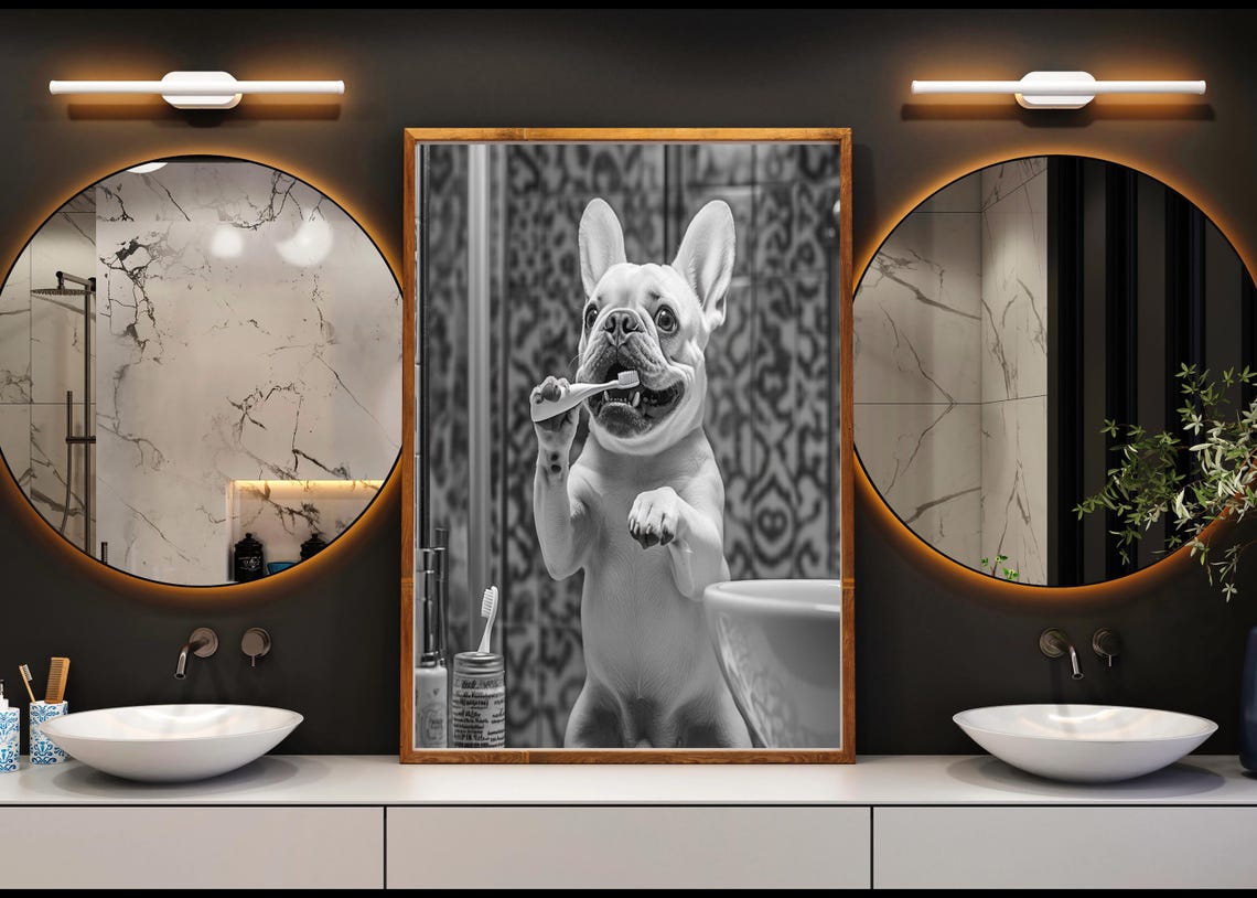 French Bulldog Brushing Teeth In Mirror Black And White Poster - Image 4