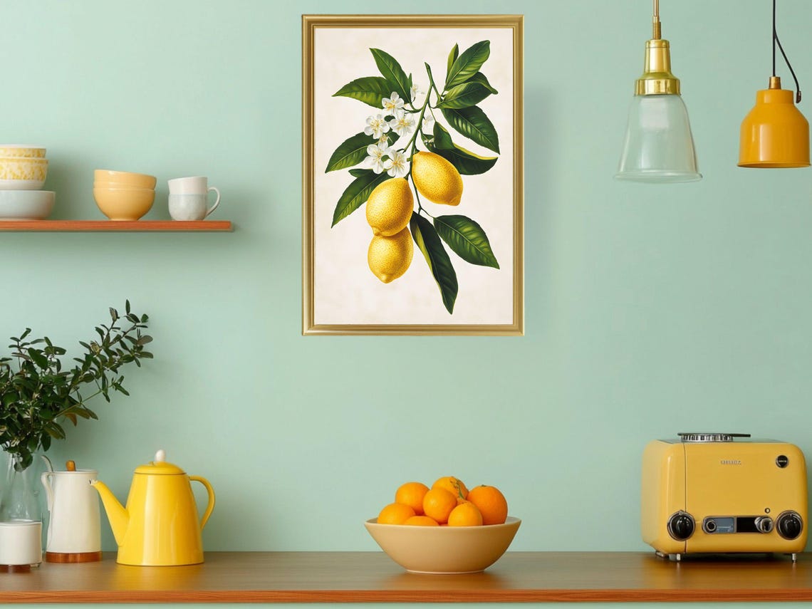 Lemon Tree Branch with White Blossoms Vintage Botanical Kitchen Poster - Image 3