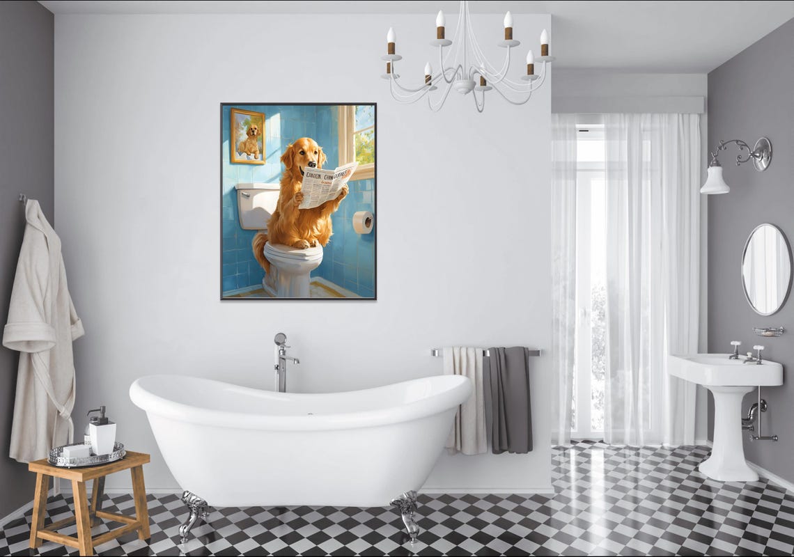 Golden Retriever Reading On Toilet With Framed Portrait Blue Poster - Image 2