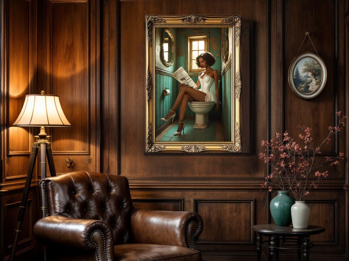 Woman in Corset Reading Newspaper in Quirky Green Bathroom Poster - Image 5