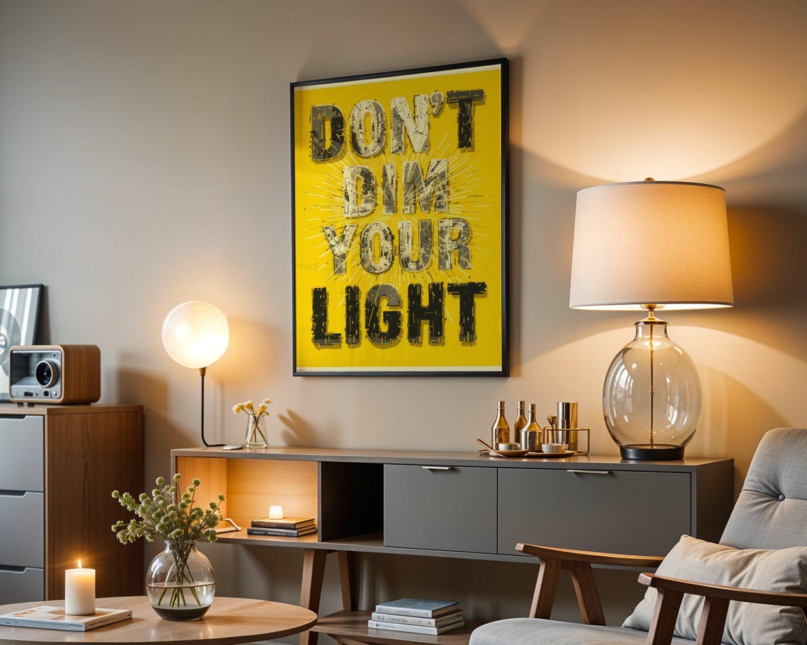 Don't Dim Your Light Bold Yellow Sunburst Typography Quote Poster - Image 4