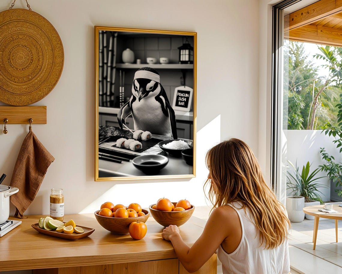 Funny Penguin Sushi Bar Chef Black and White Kitchen Dining Poster - Image 5