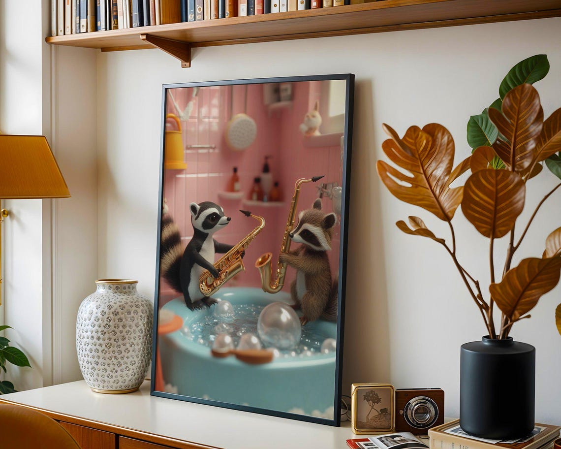 Two Happy Raccoons Playing Golden Saxophones in a Bubble Bath Poster - Image 4