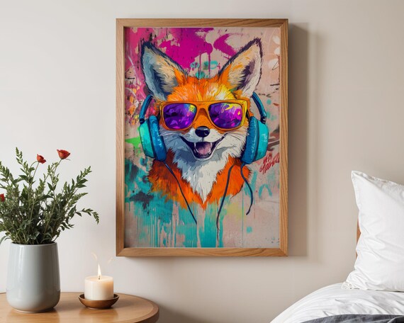 Cool Fox Wearing Sunglasses and Headphones Graffiti Art Poster