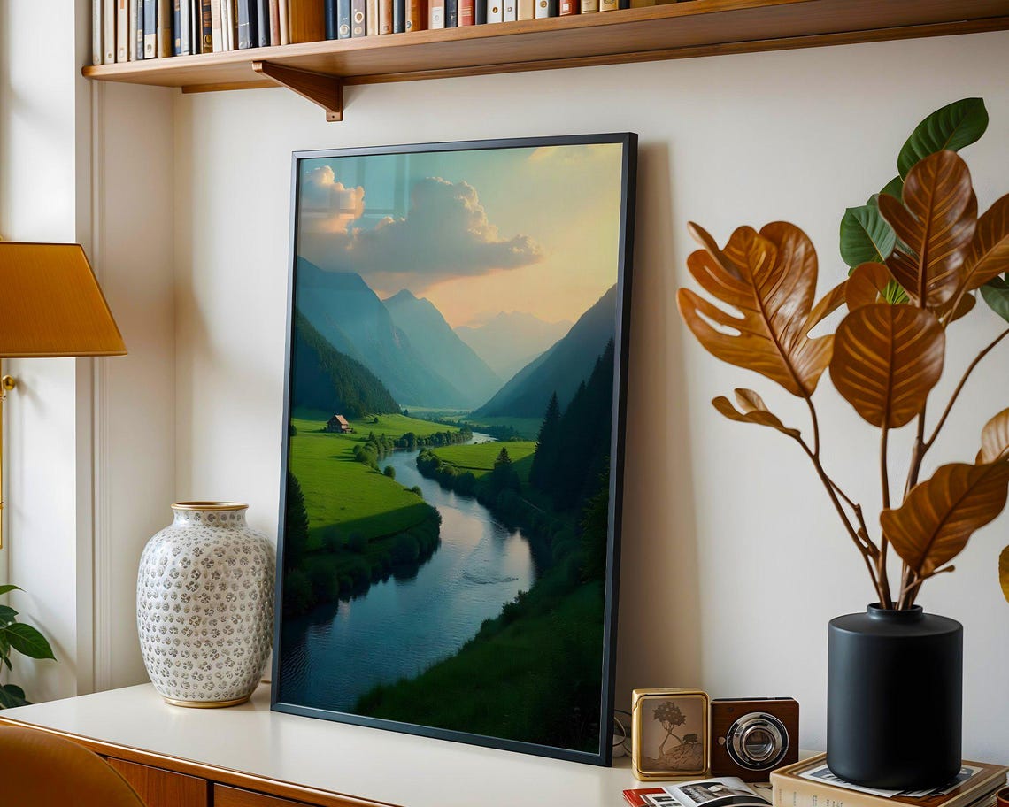 Peaceful Mountain River Valley With Cabin Beneath Sunset Clouds Poster - Image 3