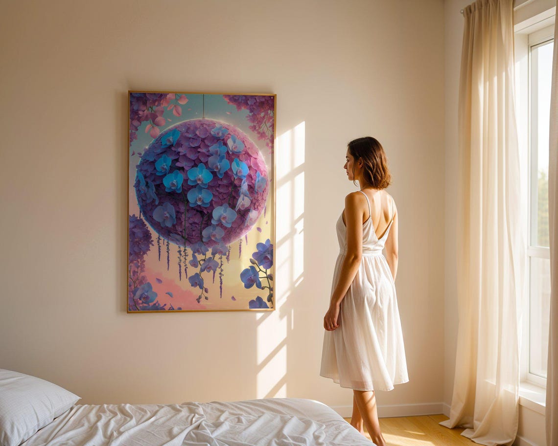 Hanging Sphere Of Blue Orchids And Purple Hydrangeas Floral Poster - Image 4