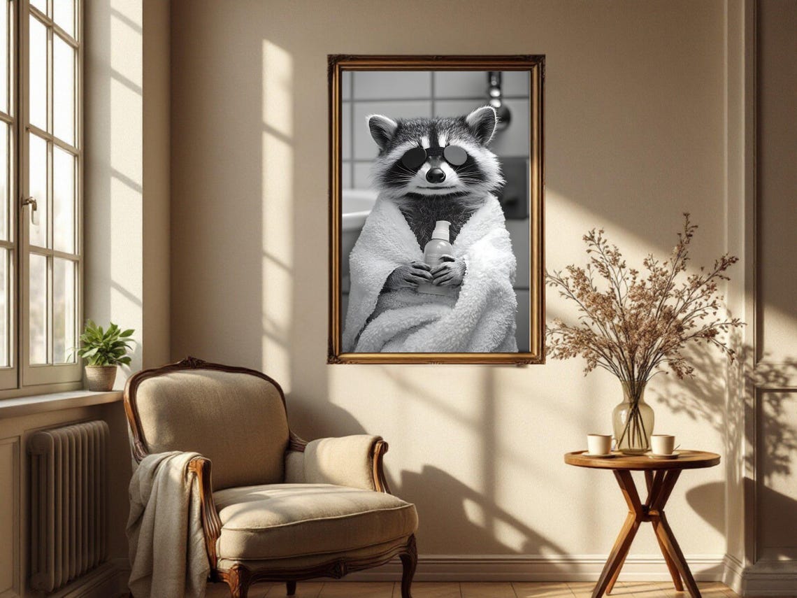 Raccoon In Towel With Soap Bottle Black And White Bathroom Poster - Image 4