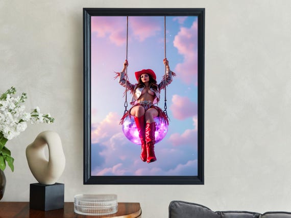 Cowgirl Swing Wall Art Disco Ball Wall Decor Retro Western Artwork Vintage Style Poster Unique Home Decor Cowgirl Illustration