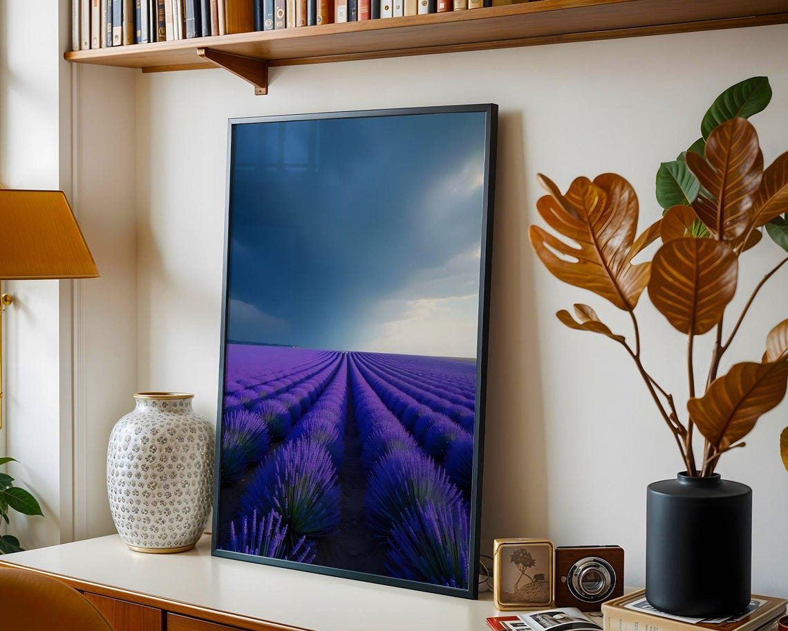 Endless Lavender Field Rows Under a Dramatic Stormy Sky Poster - Image 3