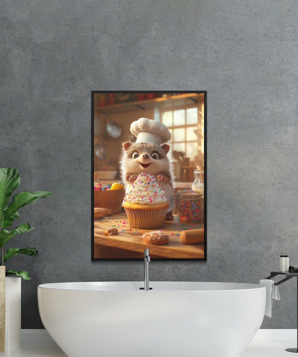 Hedgehog Chef Decorating a Giant Sprinkle Cupcake Kitchen Poster - Image 2