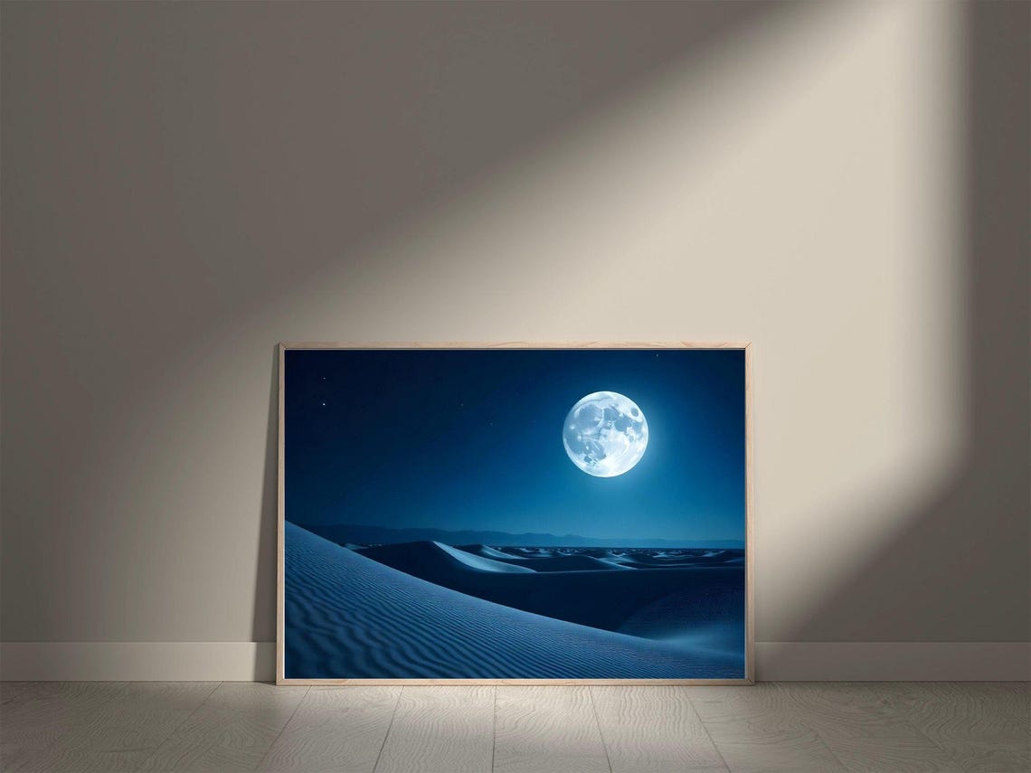Mystical Full Moon Over Desert Dunes Wall Art Tranquil Blue Night Sky Scene Celestial Lunar Landscape Print Home Decor - Image 5