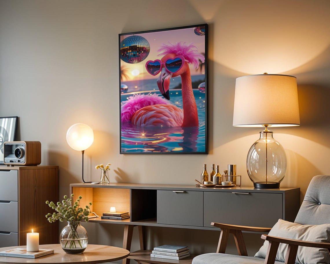 Flamingo In Heart Sunglasses Floating Pool Sunset Disco Party Poster - Image 4