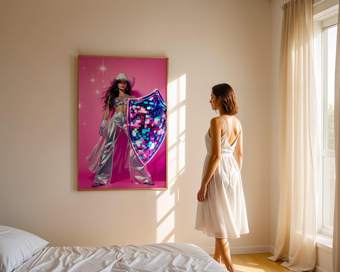Retro Futuristic Cowgirl With Disco Shield Hot Pink Western Poster - Image 3