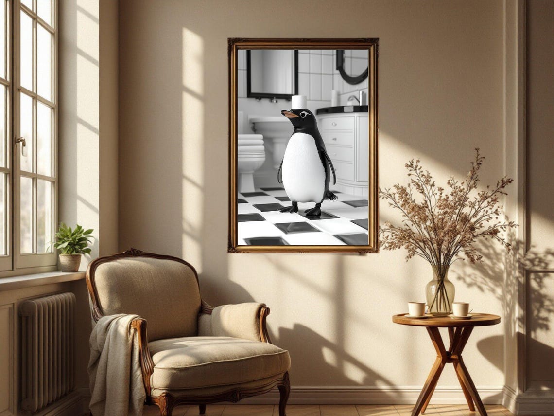 Penguin In Checkered Bathroom Black And White Funny Animal Poster - Image 4