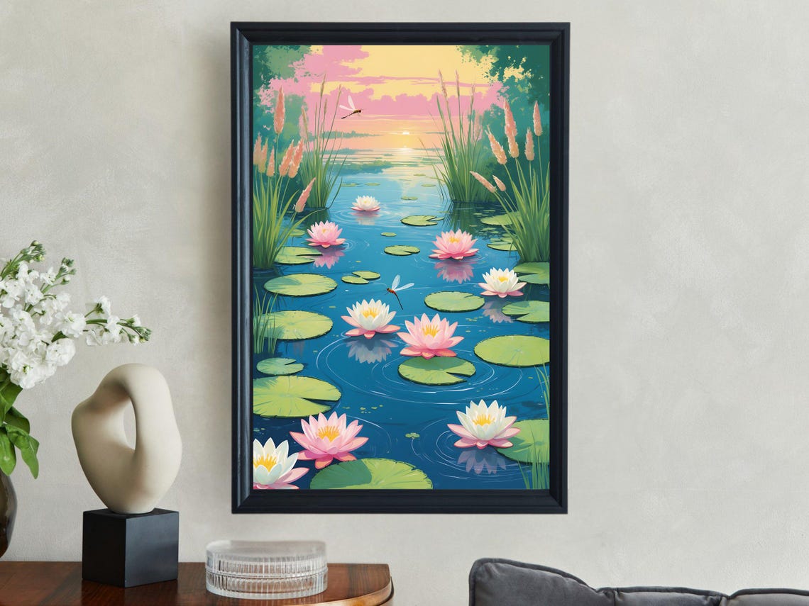 Serene Water Lily Pond Wall Art Dragonfly Sunset Landscape Print Tranquil Nature Scene Floral Lake House Decor Gift For Nature Lovers