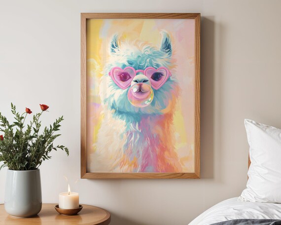 Fluffy Alpaca With Heart Glasses Blowing A Bubblegum Bubble Poster