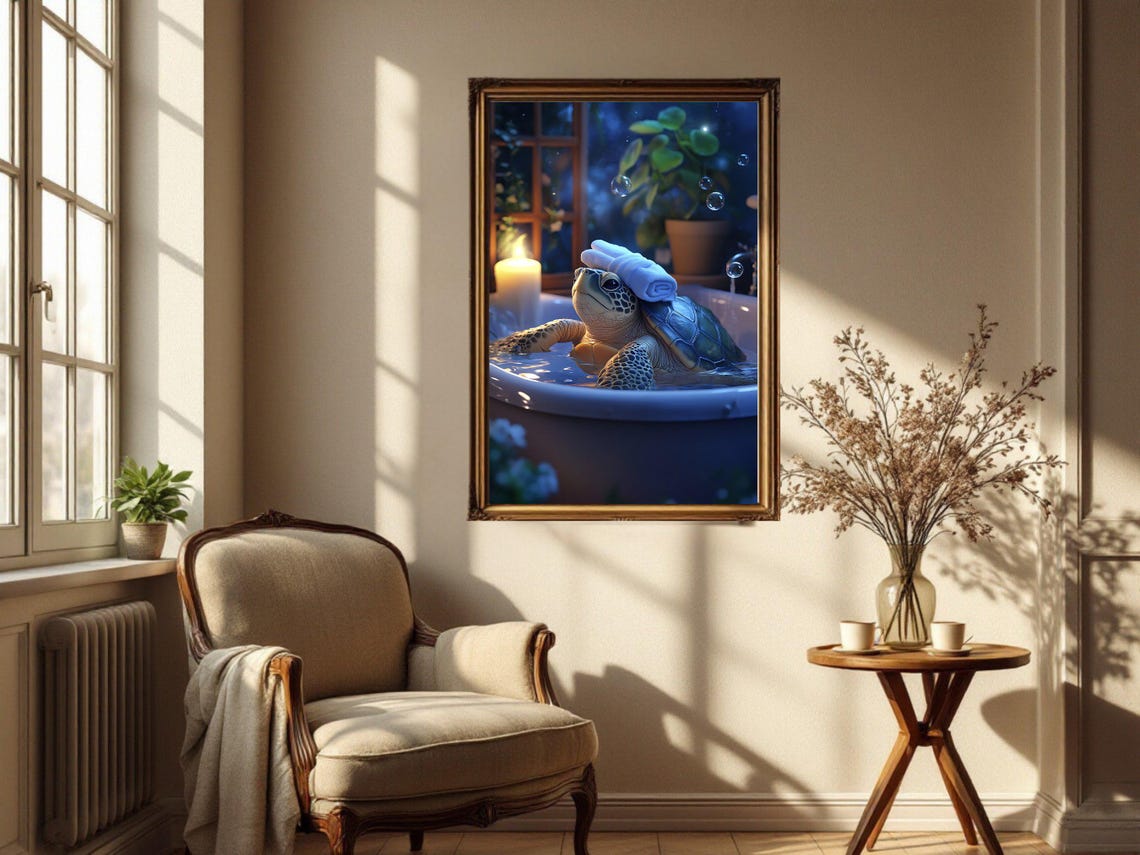 Sea Turtle Relaxing In Bathtub With Towel On Head Animal Poster - Image 4