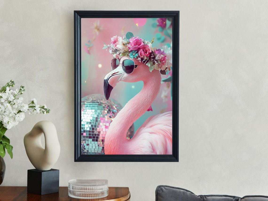 Flamingo with Sunglasses and Flower Crown by a Disco Ball Party Poster