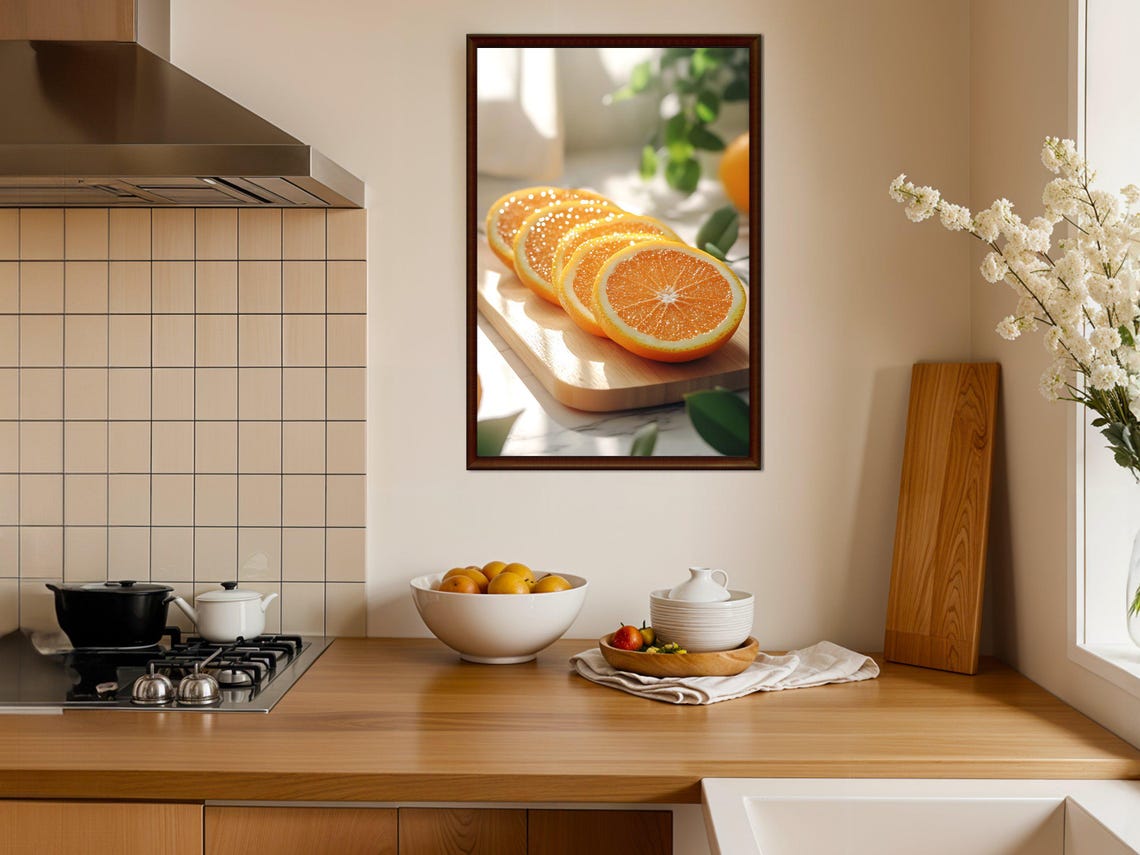 Fresh Sliced Oranges on a Wooden Cutting Board Sunny Kitchen Poster - Image 4