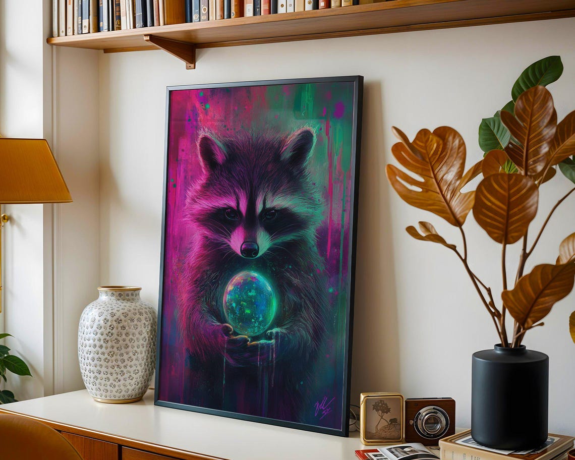 Neon Raccoon Holding A Glowing Galaxy Orb In Pink And Teal Poster - Image 2