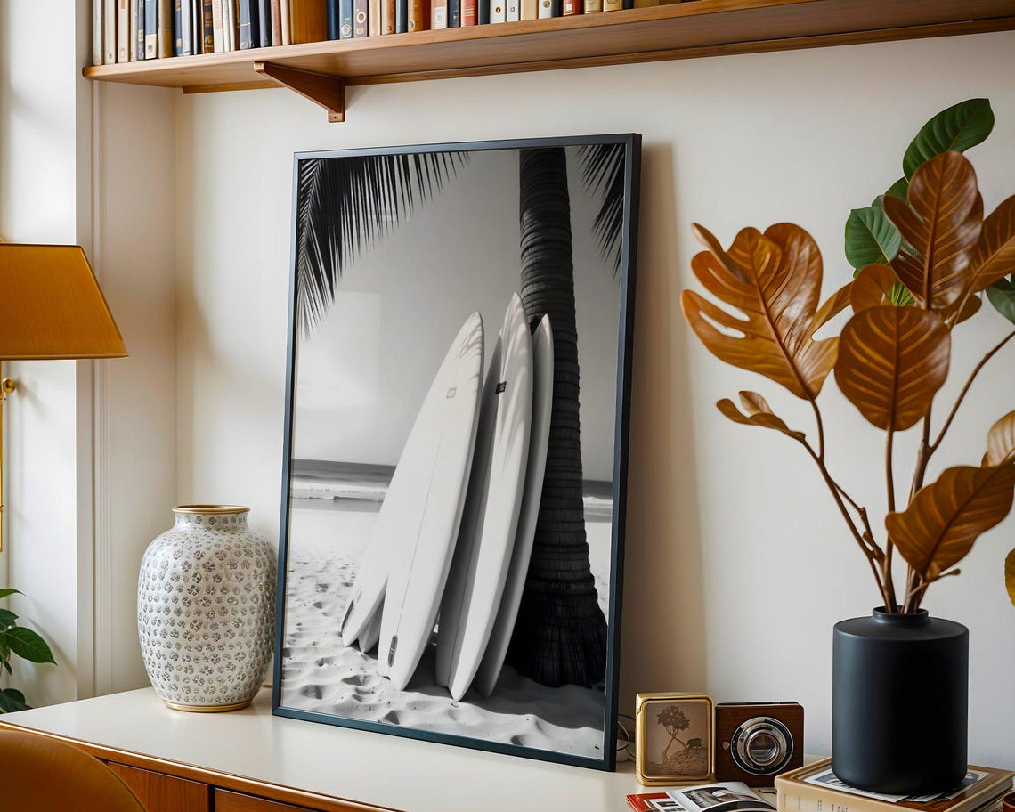 Black and White Surfboards Leaning on Palm Tree Beach Photo Poster - Image 3