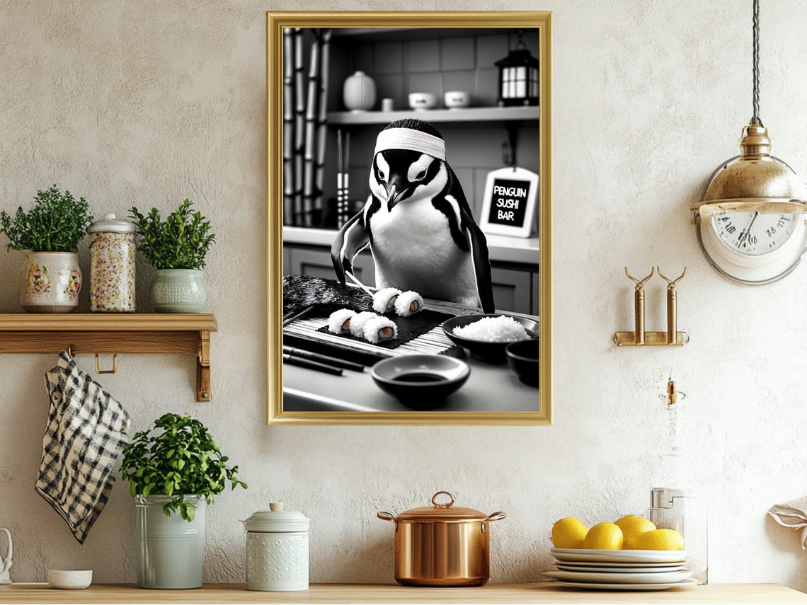 Funny Penguin Sushi Bar Chef Black and White Kitchen Dining Poster