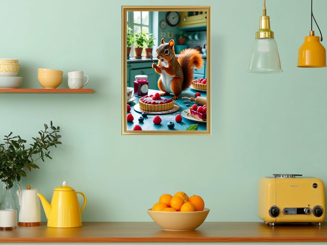 Squirrel Eating Berry Tart Cute Kitchen Animal Humor Fun Poster - Image 3