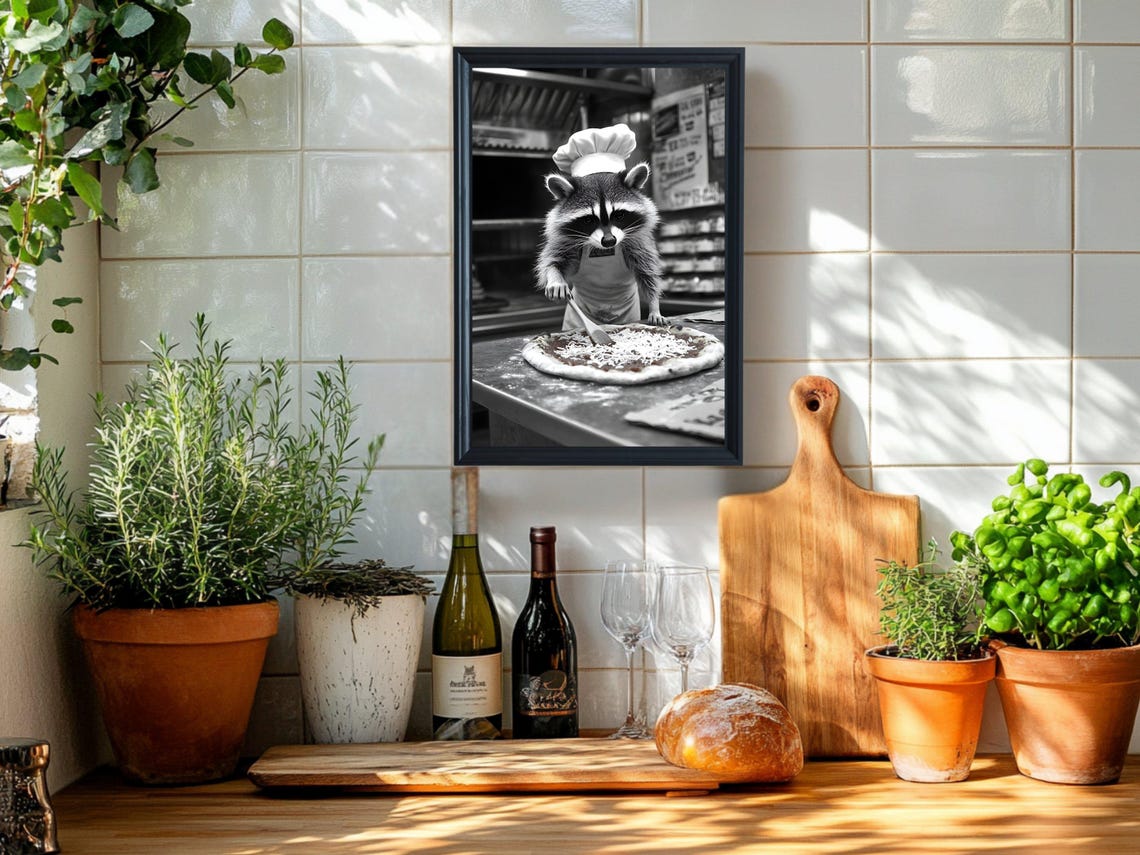 Raccoon Chef Making Pizza Funny Animal Pizzeria Kitchen Art Print - Image 2