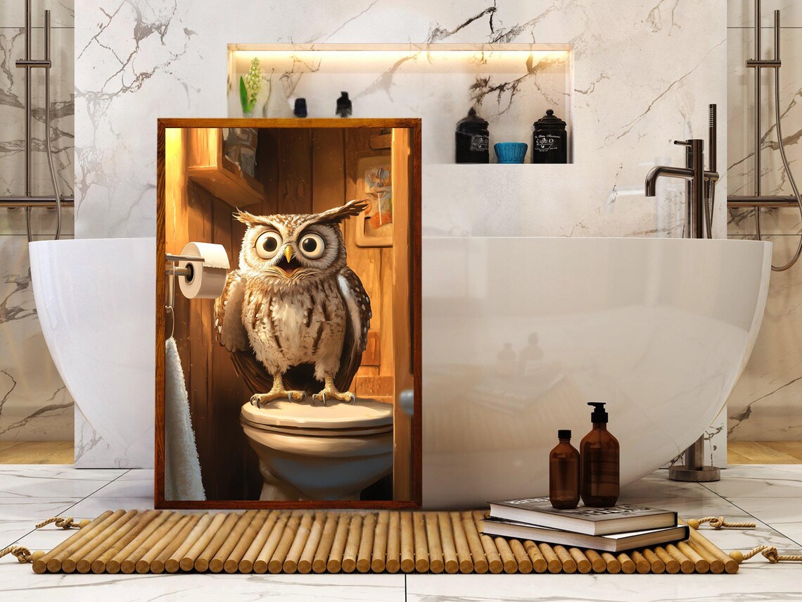 Funny Cartoon Owl Sitting on a Toilet Lid Bathroom Humor Poster - Image 5
