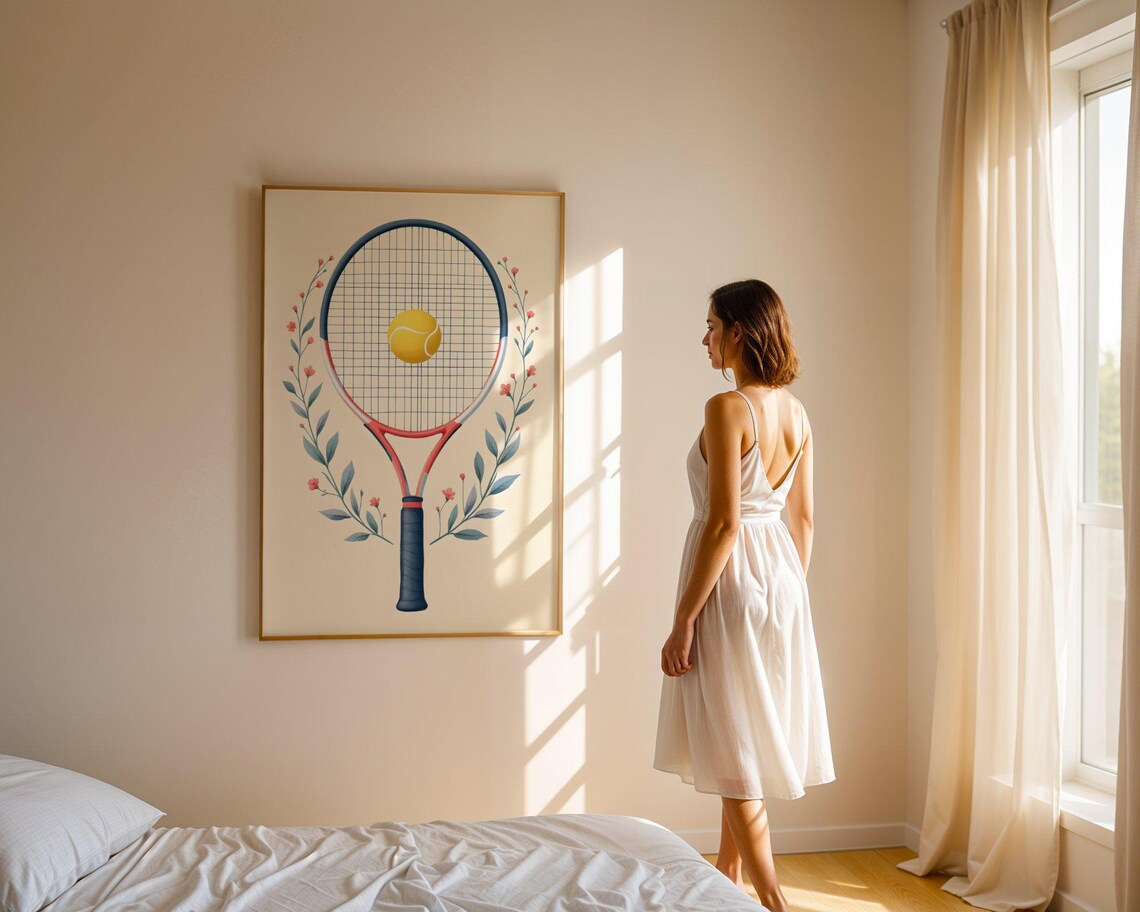 Tennis Racket with Tennis Ball and Botanical Floral Wreath Art Poster - Image 4