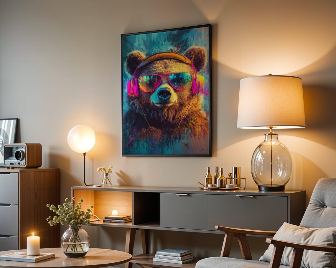 Cool Bear With Headphones and Rainbow Sunglasses Fun Art Poster - Image 3