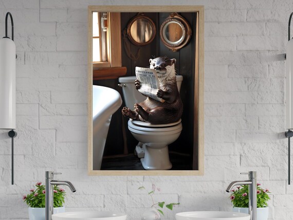 Otter Reading Newspaper On Toilet Funny Bathroom Animal Art Poster