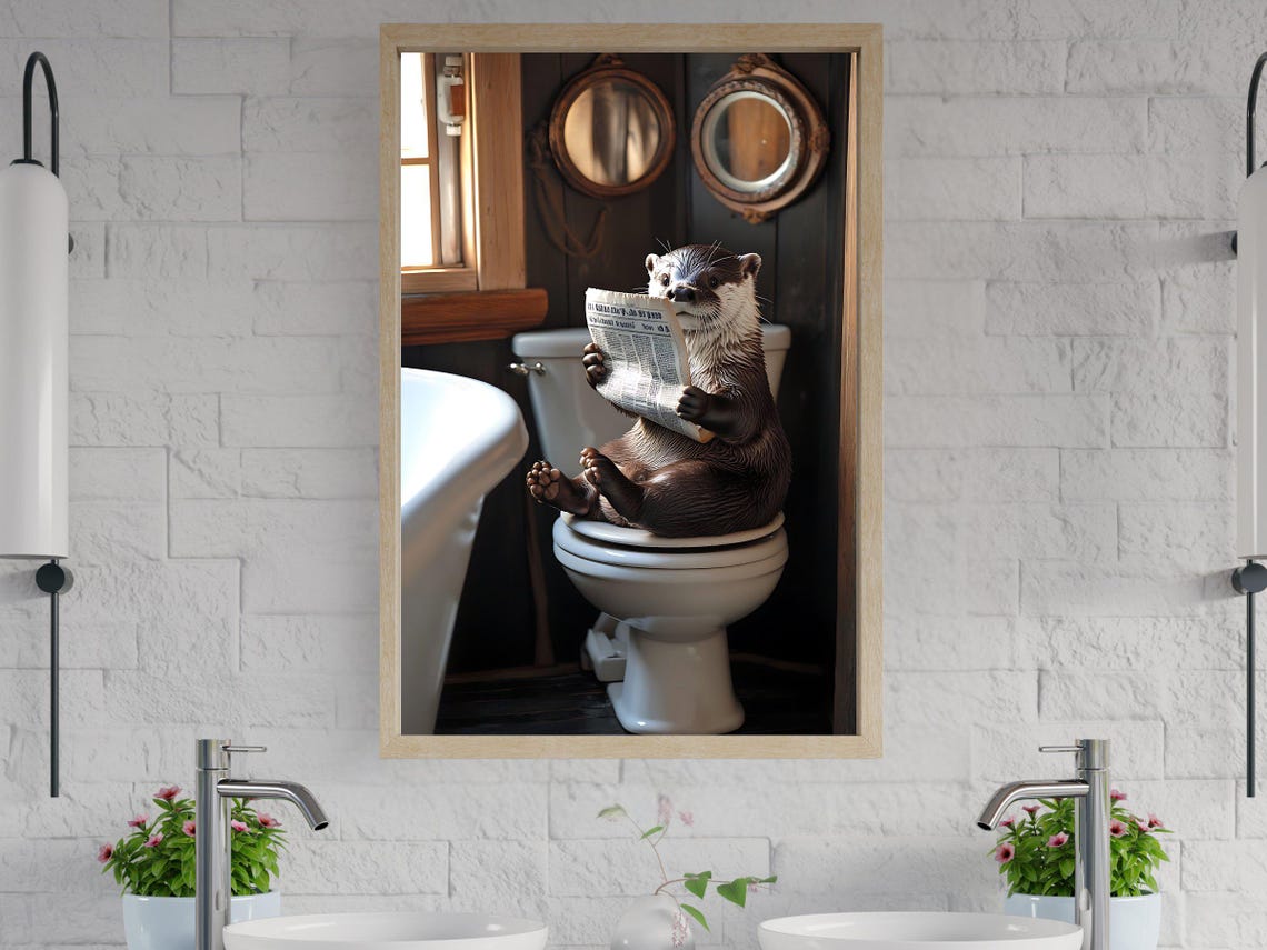 Otter Reading Newspaper On Toilet Funny Bathroom Animal Art Poster