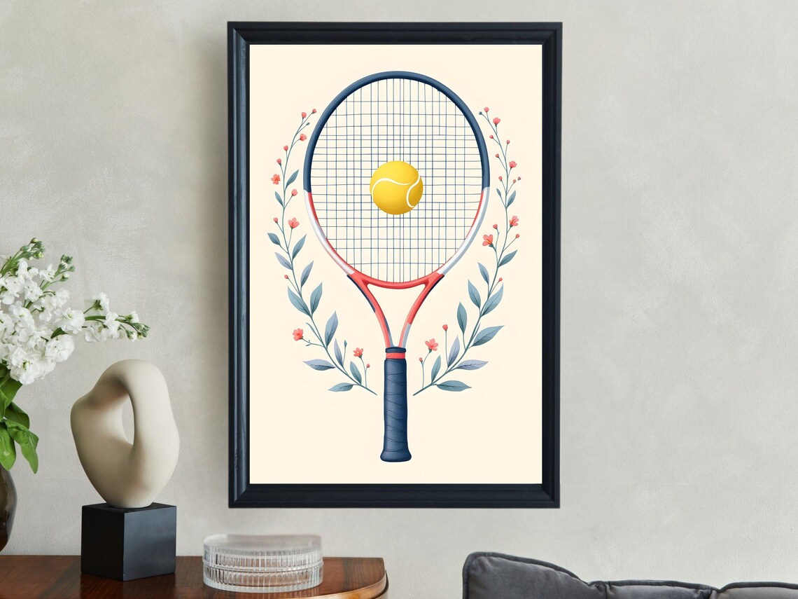 Tennis Racket with Tennis Ball and Botanical Floral Wreath Art Poster