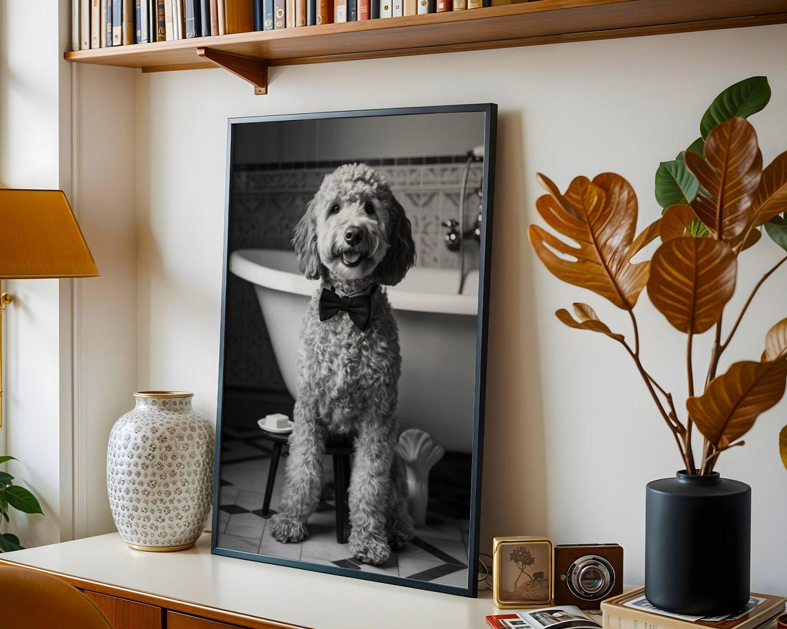 Curly Dog With Bow Tie in Bathroom Black and White Art Poster - Image 4