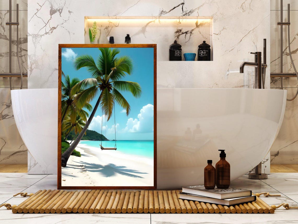 Beach Swing Hanging from Leaning Palm Tree Tropical Paradise Poster - Image 2