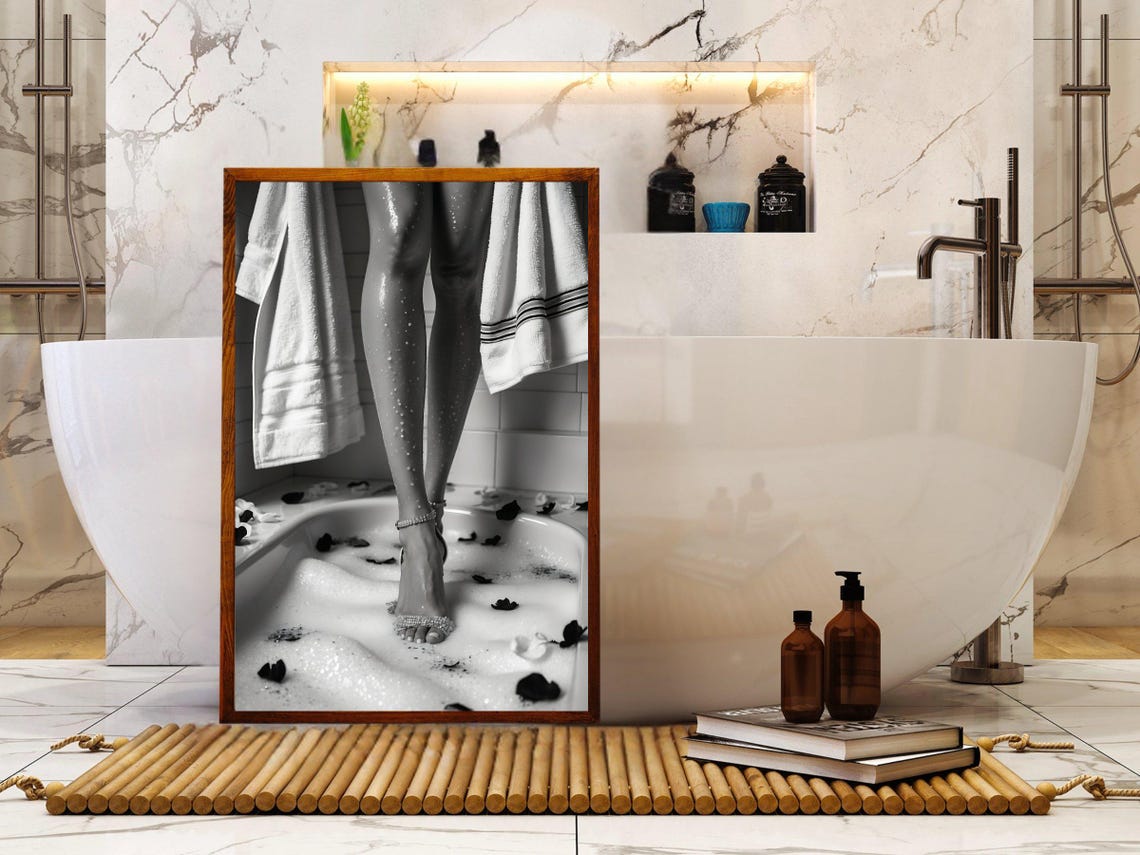 Wet Legs Stepping Into A Bubble Bath With Rose Petals Poster - Image 5