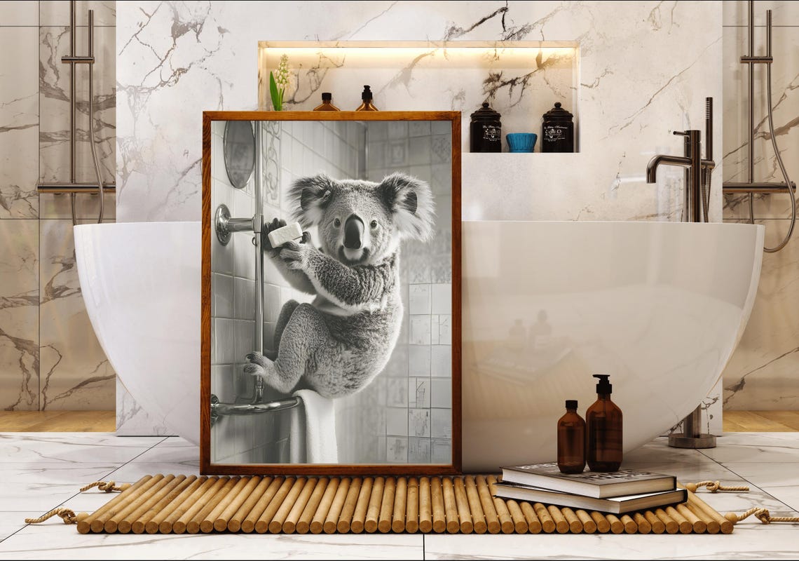 Koala Climbing a Shower Pole Holding Soap Black and White Poster - Image 5