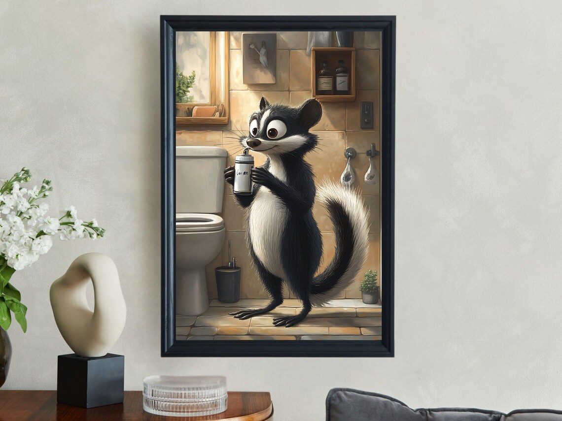 Adorable Skunk Holding Bottle In Bathroom Quirky Animal Art Poster - Image 2