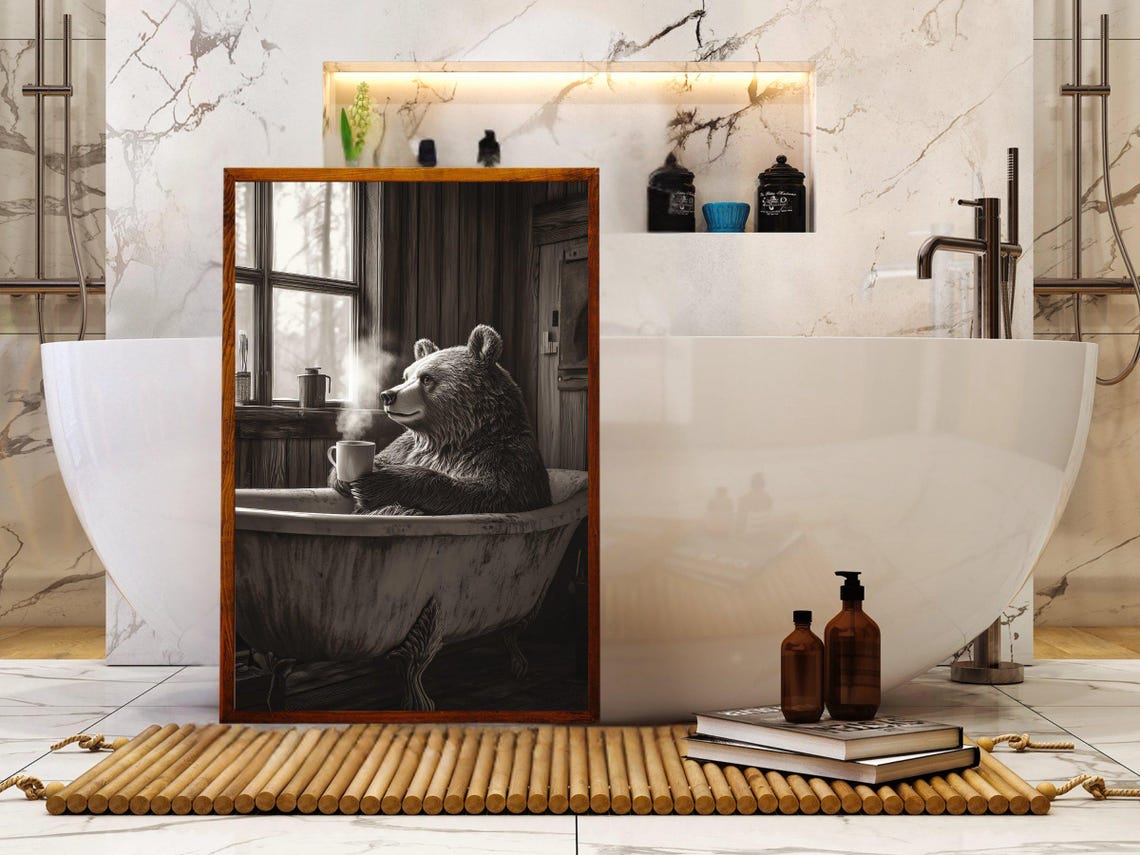 Cozy Bear Bath Sipping Coffee Rustic Cabin Morning Art Print - Image 5