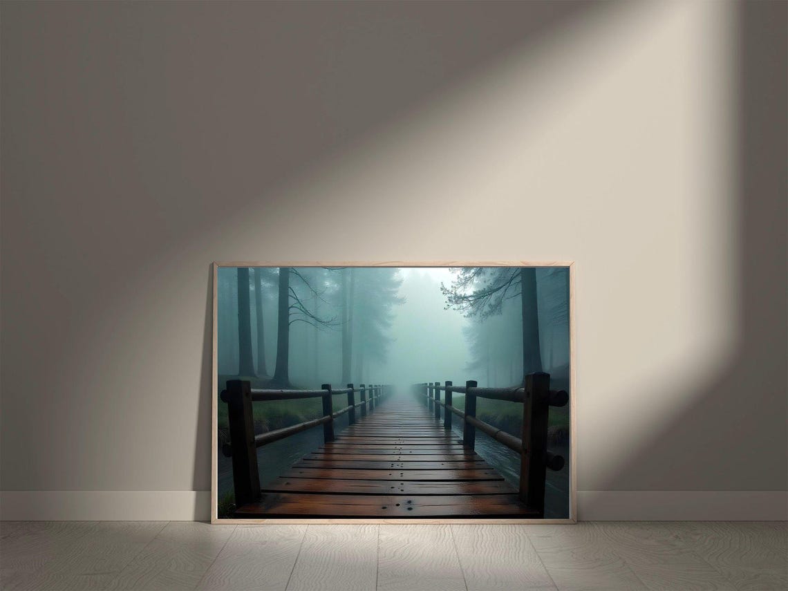 Mystical Forest Bridge Foggy Path Nature Wall Art Print Serene Misty Forest Wooden Bridge Decor Tranquil Nature Scene Poster - Image 5