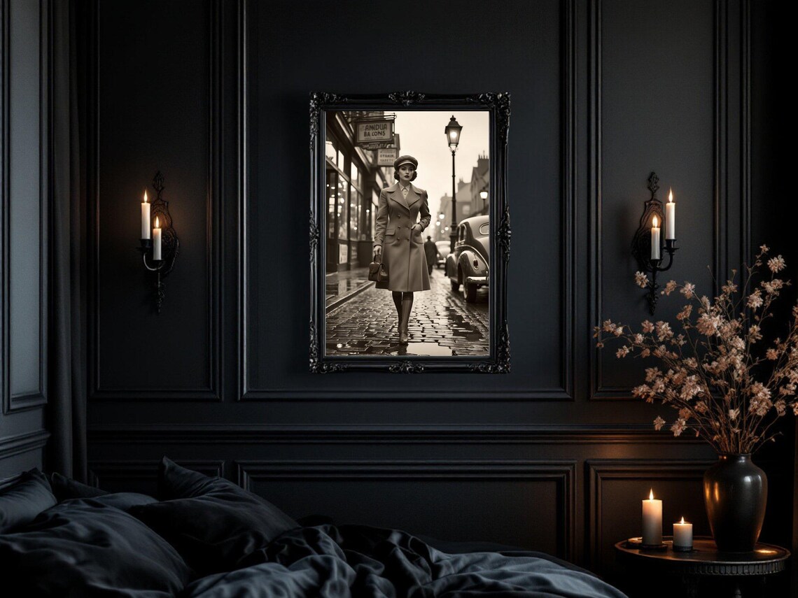 Vintage Street Style Wall Art Retro Woman Walking On Cobblestone Classic Fashion Poster Black And White Decor Timeless Photography Print - Image 3