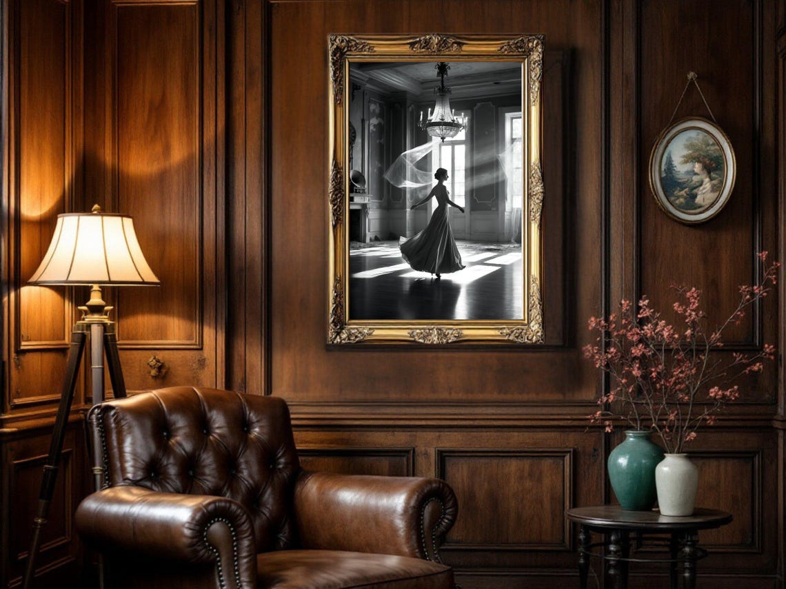 Ballerina Dancing Alone in Grand Ballroom, Black and White Poster - Image 5