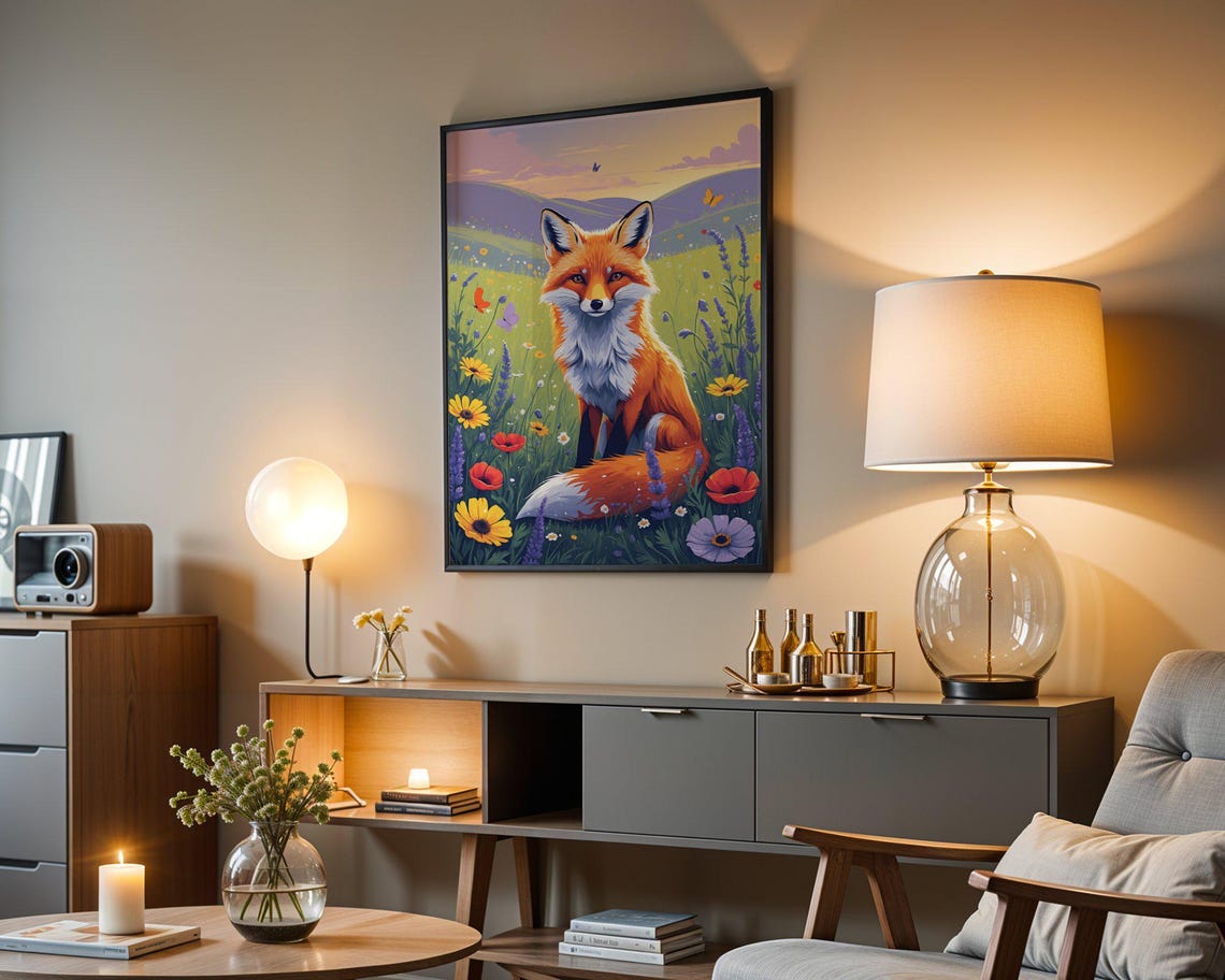 Red Fox Sitting In A Wildflower Meadow With Poppies At Sunset Poster - Image 3