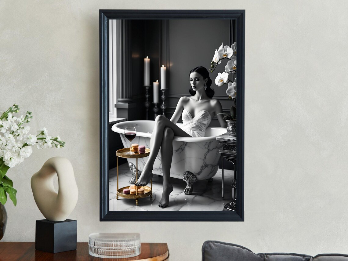 Elegant Woman In Marble Bathtub Wall Art Modern Bathroom Decor Luxury Home Interior Prints Feminine Art Prints Stylish Wall Decor - Image 4