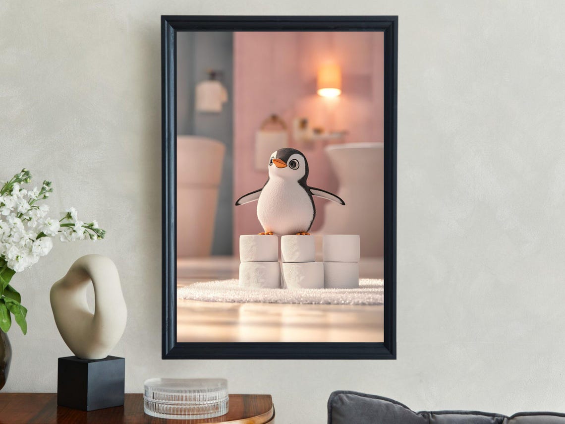 Cute Cartoon Penguin Standing on a Stack of Toilet Paper Rolls Poster - Image 2