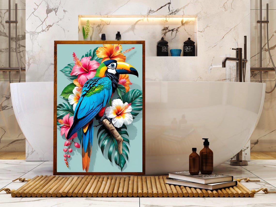 Colorful Toucan Among Hibiscus And Tropical Leaves Art Poster - Image 5