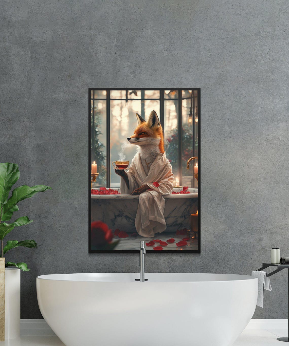 Elegant Fox in a Bathrobe Sipping Hot Tea on a Marble Bathtub Poster - Image 2